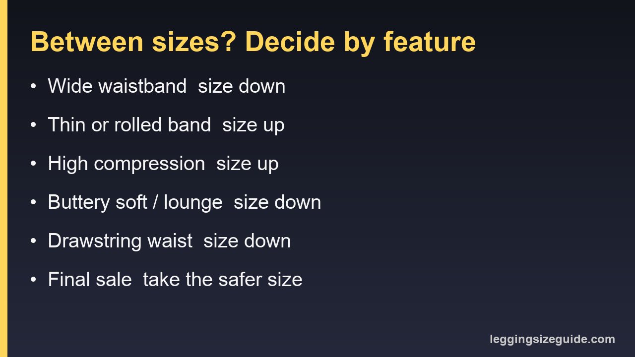 Card summarizing which way to size based on waistband and fabric