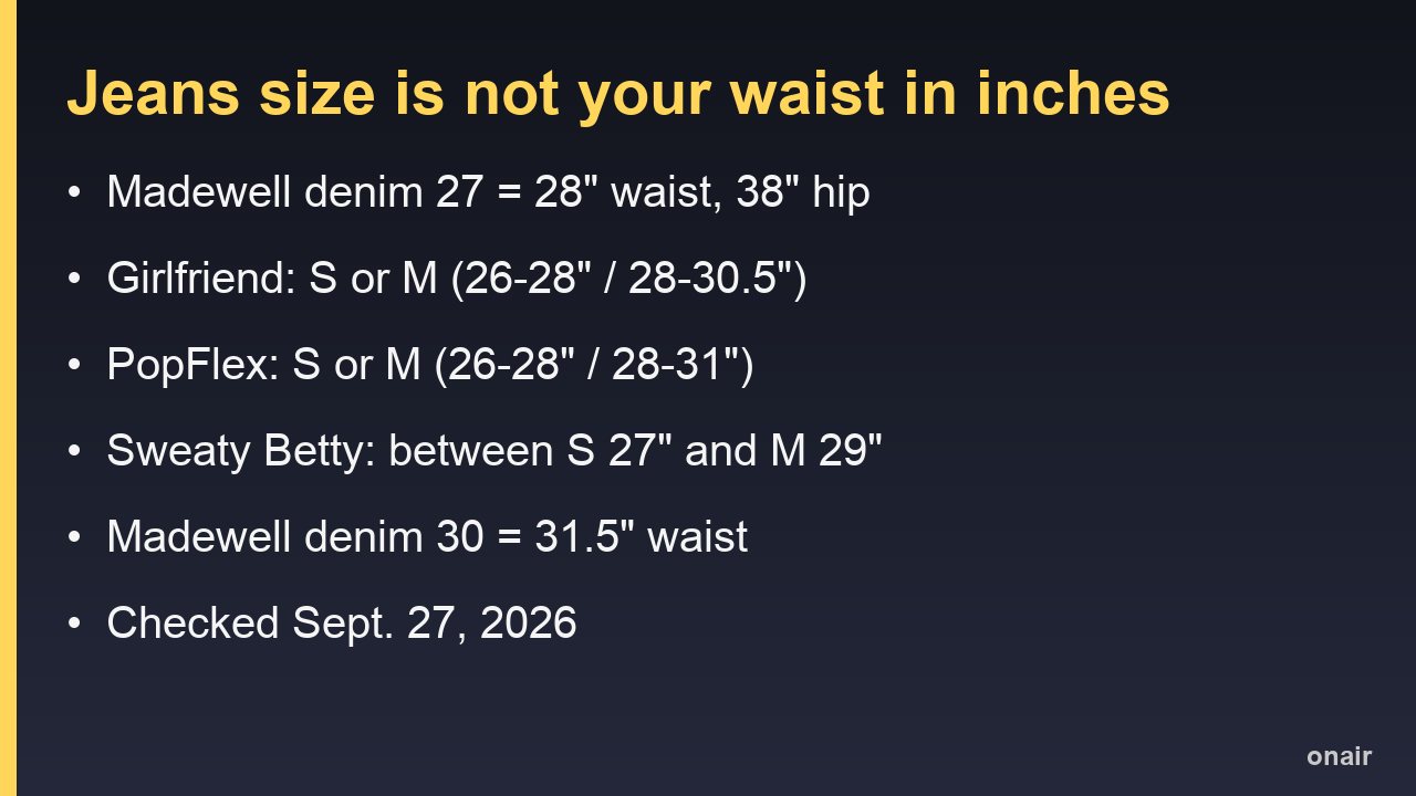 Card showing that a Madewell denim size 27 equals a 28 inch waist and where that lands on three legging size charts