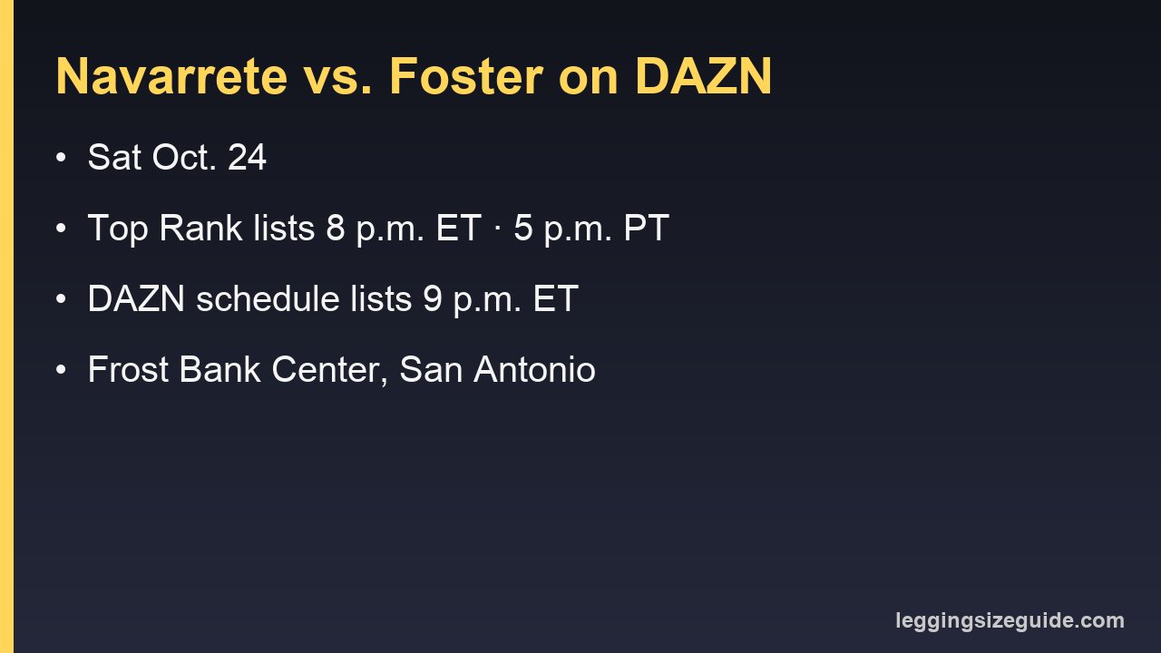 Navarrete vs. Foster on Saturday, Oct. 24 at the Frost Bank Center in San Antonio on DAZN: Top Rank lists 8 p.m. ET, DAZN's schedule lists 9 p.m. ET