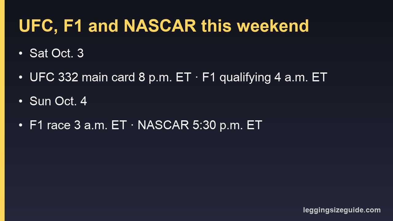 UFC, F1 and NASCAR on Saturday, Oct. 3 and Sunday, Oct. 4: UFC 332 main card 8 p.m. ET, F1 qualifying 4 a.m. ET, F1 race 3 a.m. ET, NASCAR 5:30 p.m. ET
