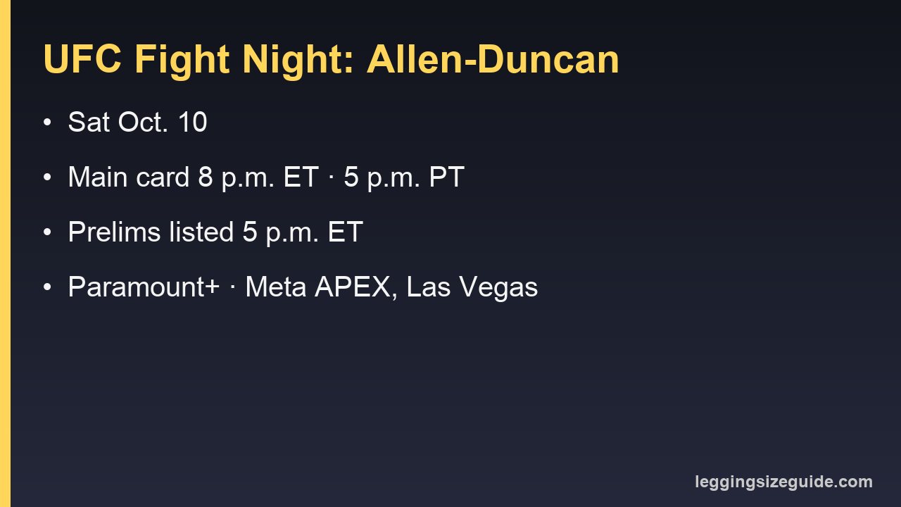 UFC Fight Night Allen vs. Duncan on Saturday, Oct. 10: main card at 8 p.m. ET and 5 p.m. PT on Paramount+, prelims listed at 5 p.m. ET, at Meta APEX in Las Vegas