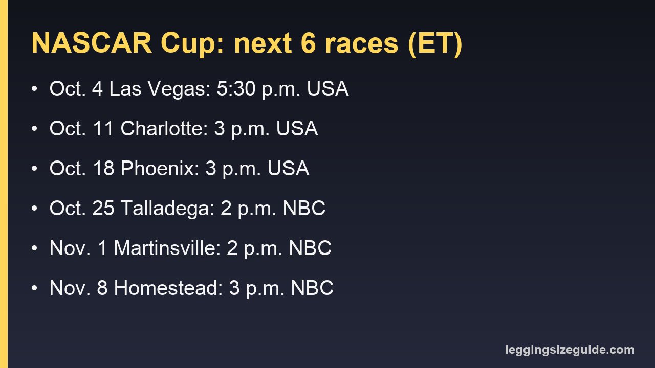 NASCAR Cup schedule for the next six races with start times in ET and channel: USA Network for Oct. 4, 11 and 18, NBC for Oct. 25, Nov. 1 and Nov. 8